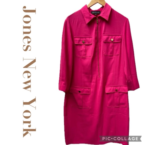 Jones New York Bright Pink Front Zip Utility Shirt Dress With Patch Pockets - Picture 1 of 16